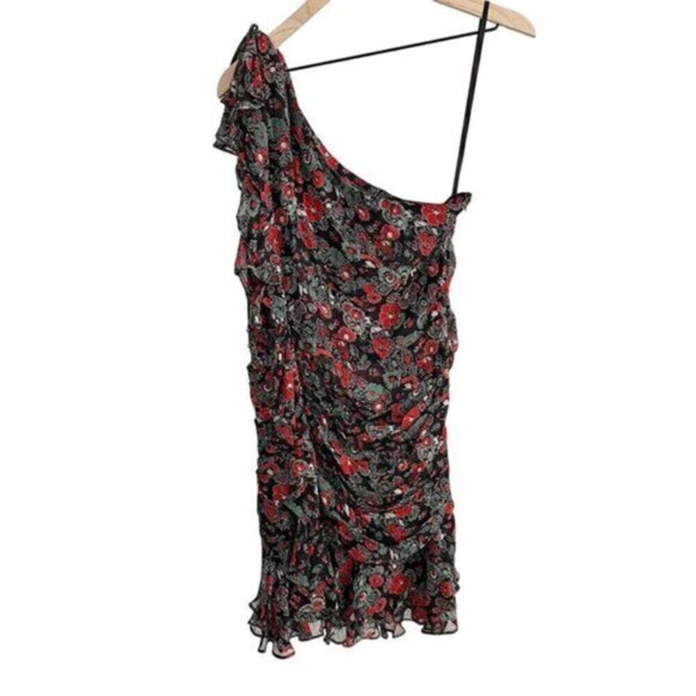 Veronica Beard Ballard‎ Silk One Shoulder Floral Ruffle Dress Black Red Size 8 - Picture 2 of 13